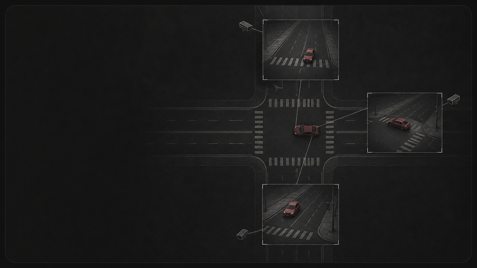 A minimal technical view of one road event from three camera viewpoints